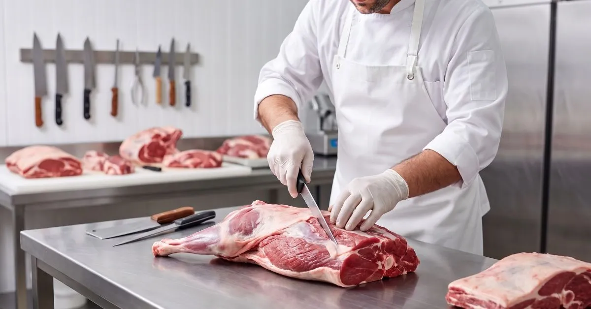 Butcher in white apron cutting a fresh leg of lamb on a steel table in a clean kitchen