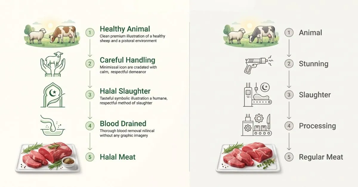 Halal meat process compared with regular meat process, from animal care to finished cut of meat