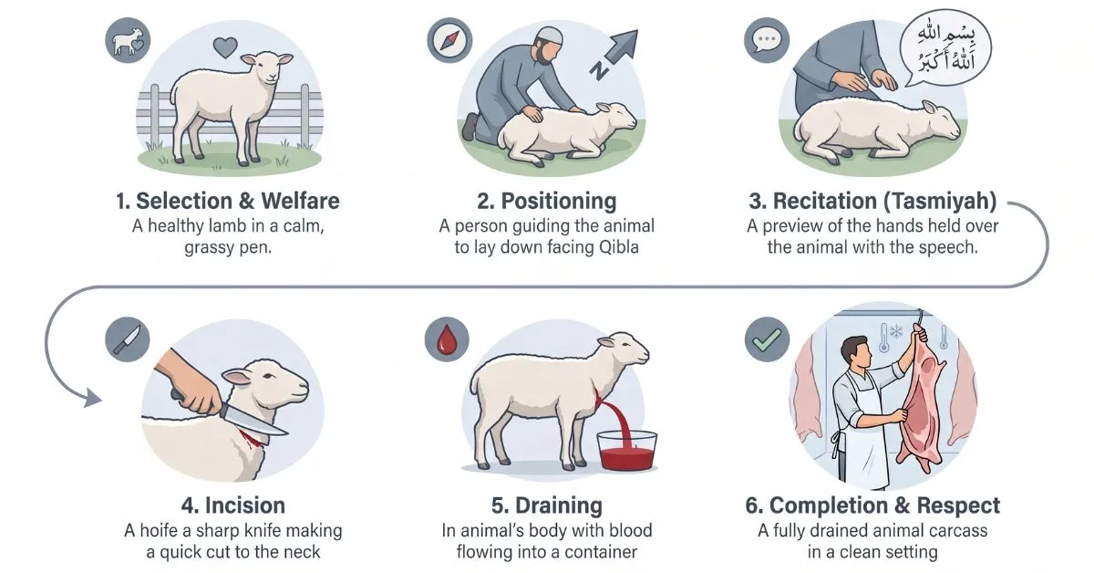 Six steps of zabiha halal slaughter, from a healthy calm lamb to prayer, one quick cut, and full blood drain