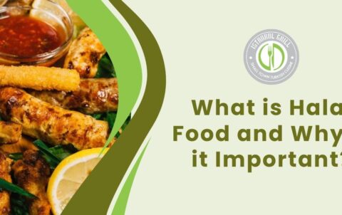 Promotional graphic about Halal food featuring grilled meats, with text and logo.